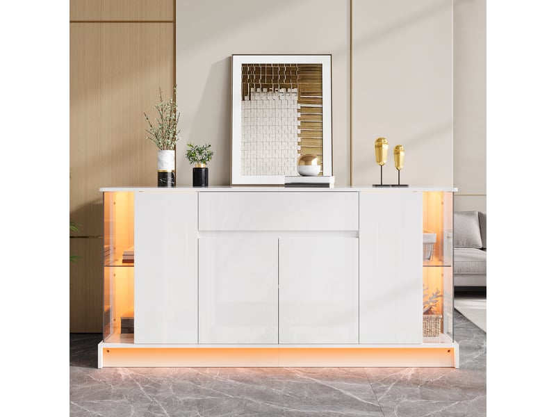  Buffet en panneaux de particules avec 6 portes, 1 tiroir et 2 vitrines led 150×40×75 cm blanc  - Conforama B