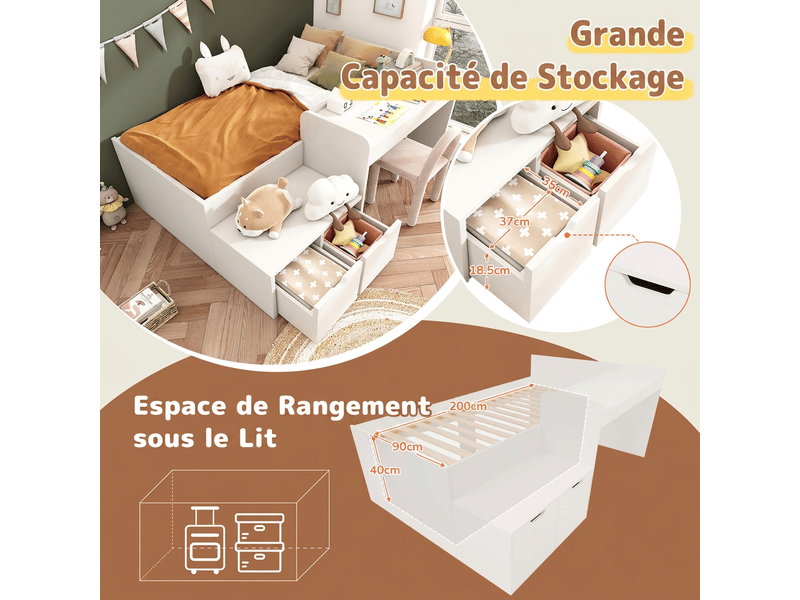  Lit enfant avec bureau et tiroirs 90x200 cm - bois massif blanc - sommier inclus  - Conforama E