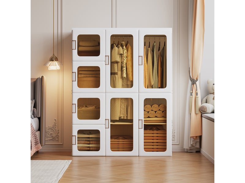  Armoire pliable 12 compartiments - 104x50x136cm - penderie modulaire 8 portes 2 zones suspendues avec portes magnétiques - blanc  - Conforama B