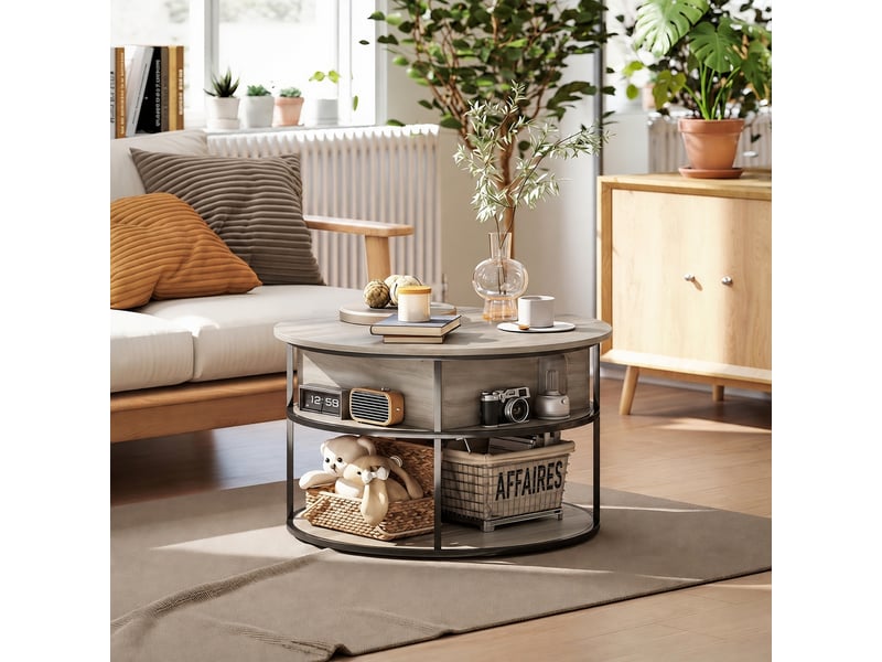 Table basse ronde à plateau relevable, coffre et étagères, structure acier, décor chêne et noir, ø 80 cm - Conforama B