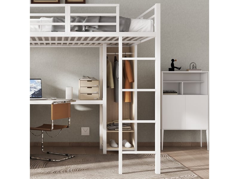  Lit mezzanine métal et bois blanc naturel 140x200cm avec bureau, rangement double, armoire et échelle  - Conforama D