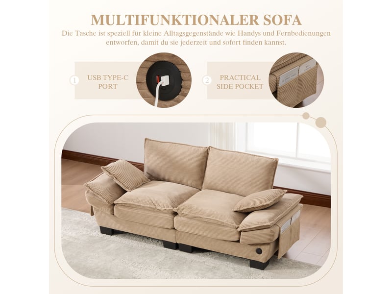 Canapé 2 places en velours côtelé kaki avec usb-c et poches latérales, assise large et design ergonomique - Conforama D