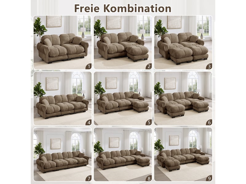Canapé modulaire avec coussins épais et dossier ergonomique - lpospi - chenille marron 330 × 86 × 90 cm - Conforama E