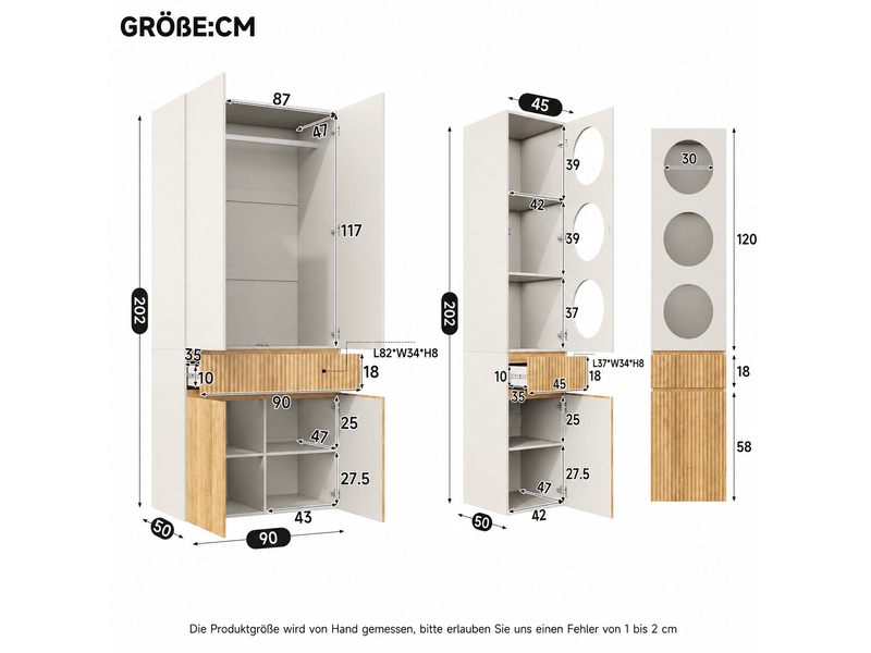  Armoire 6 portes avec penderie et 2 tiroirs, gris clair et bois clair, 135 x 50 x 200 cm pour votre chambre  - Conforama C
