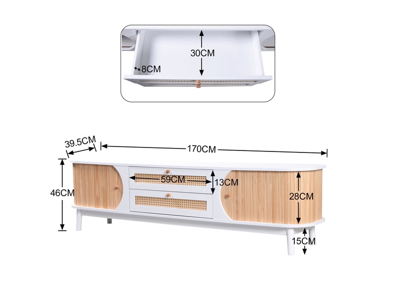  Meuble tv rotin 170 cm bois et blanc avec portes et tiroirs style campagne  - Conforama D