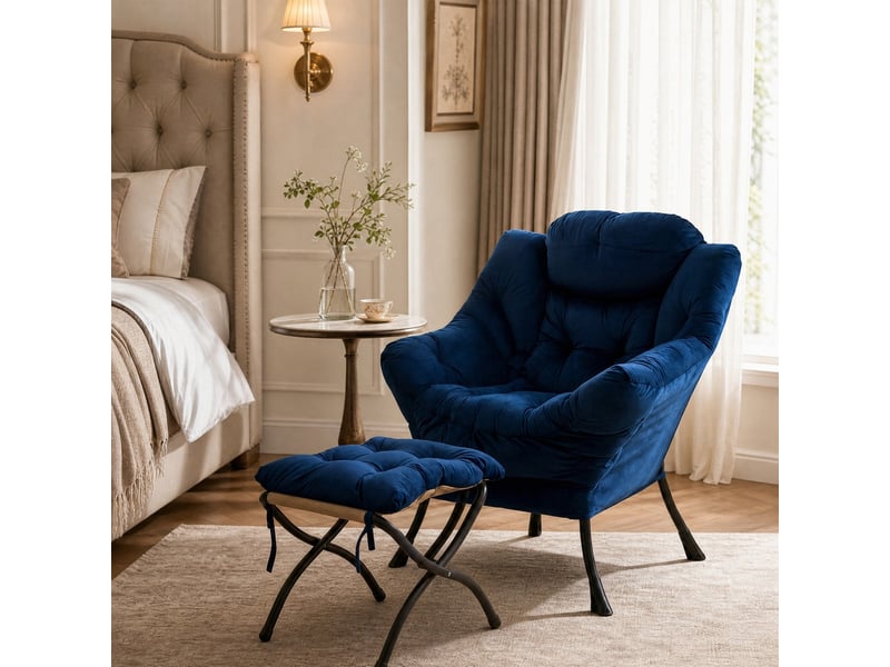  Fauteuil de salon avec repose-pieds bleu foncé  - Conforama C