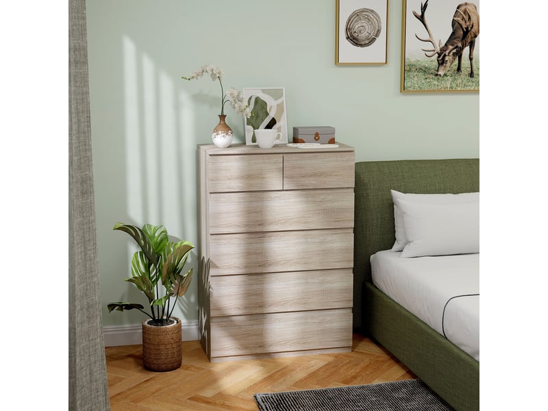  Commode à 6 tiroirs, sans poignées, design minimaliste, 80 x 39 x 115 cm, bois naturel  - Conforama C