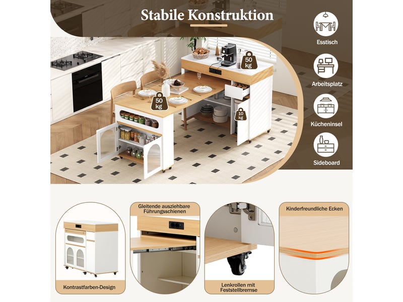  Îlot de cuisine sur roulettes table extensible 50.5-187.5 cm multiprise tiroir blanc et chêne naturel  - Conforama E