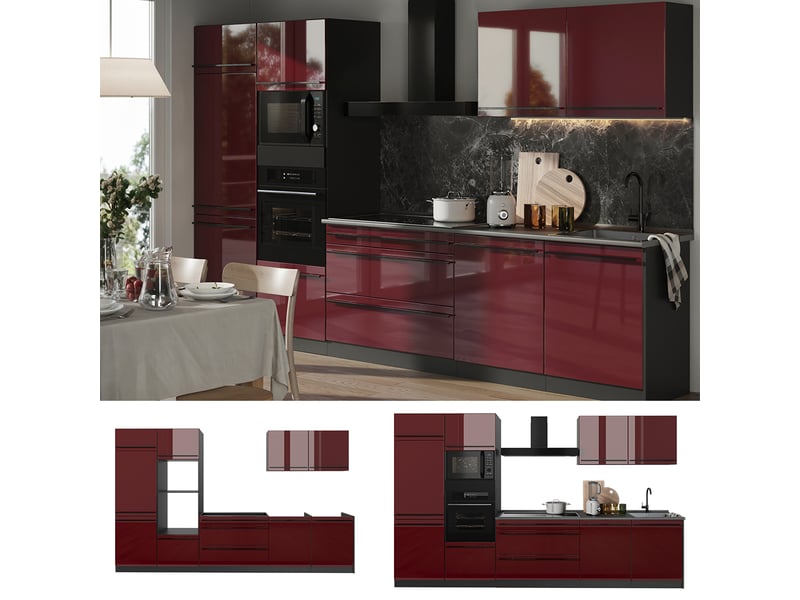 Vicco cuisine, rouge brillantanthracite, 340cm plan de travail marbre - Conforama D