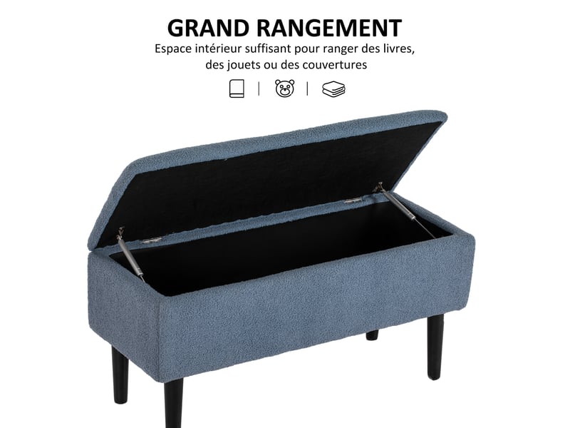  Banc de rangement coffre de rangement revêtement bouclette, pieds en bois de caoutchouc bleu 95 x 38 x 45 cm  - Conforama A