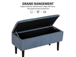Banc de rangement coffre de rangement revêtement bouclette, pieds en bois de caoutchouc bleu 95 x 38 x 45 cm