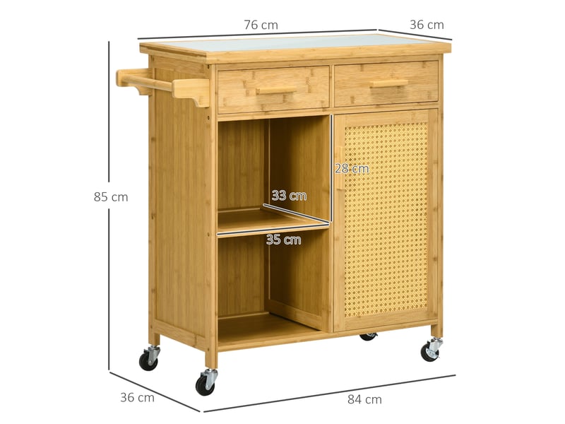 Desserte de cuisine 84x36x85 cm naturelle en bambou, plan en verre, rangements et roulettes freinées - Conforama C