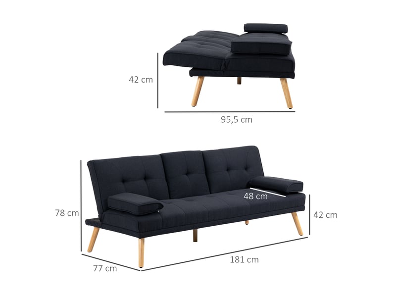  Canapé convertible 3 places, canapé-lit rembourré avec dossier réglable 3 niveaux, 2 coussins et 2 porte-gobelets intégrés, tissu de lin, pour salon, petit espace, chambre d'amis, gris  - Conforama C