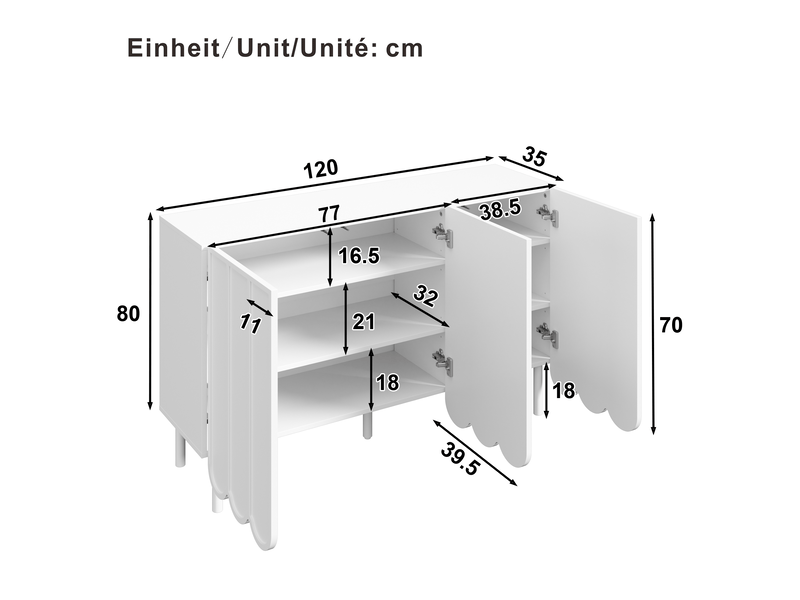  Buffet 120x35x80 cm - 3 portes ondulées - sans poignées - étagères réglables - blanc GL Store - Conforama C