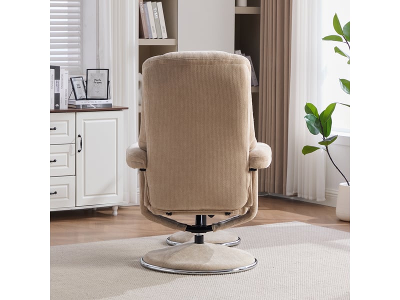  Fauteuil relax avec repose-pieds en tissu chenille beige, dossier inclinable à 145 degrés, pivotant à 360 degrés pour salon  - Conforama D