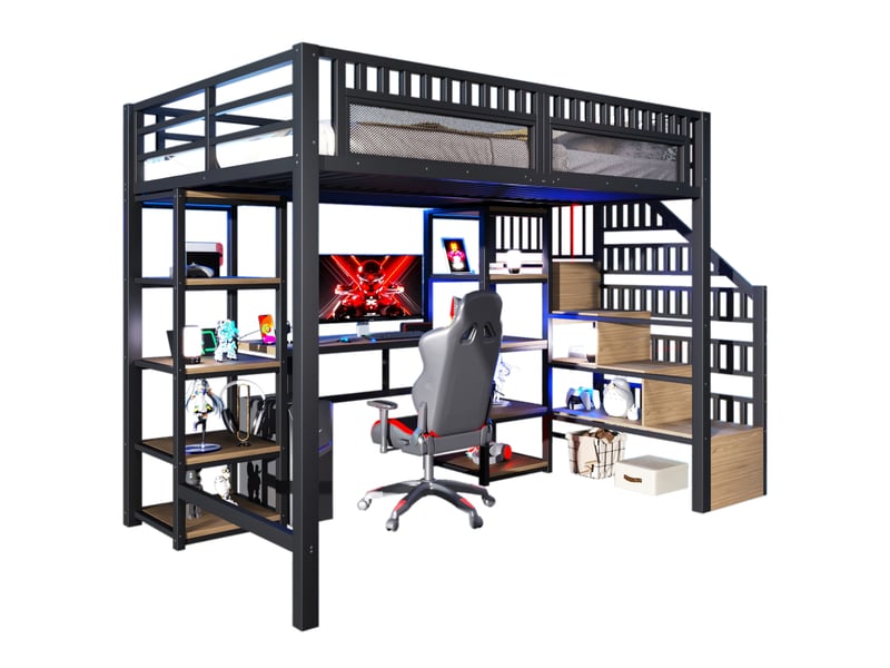  Lit mezzanine 140 x 200 cm noir avec bureau, escalier de rangement, led et usb  - Conforama A