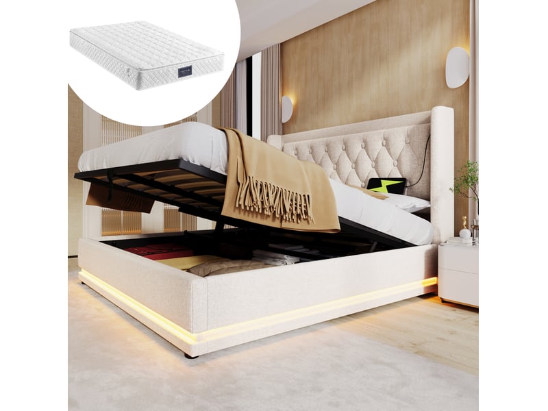  Lit coffre 140 × 200 cm 2 places avec tête de lit capitonnée, led, usb et type-c, matelas inclus, coton beige  - Conforama B