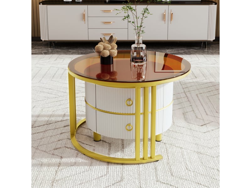  Tables basses gigognes rondes avec 2 tiroirs, plateau en verre trempé et plateau laqué brillant, mdf, blanc  - Conforama C