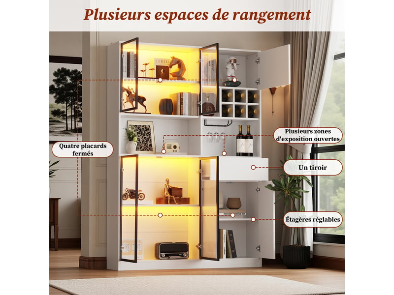  Vitrine haute 140x30x200 cm avec led bluetooth, 6 portes dont 4 vitrées, 1 tiroir, 9 niches, porte-verres, casier à vin, meuble blanc  - Conforama E