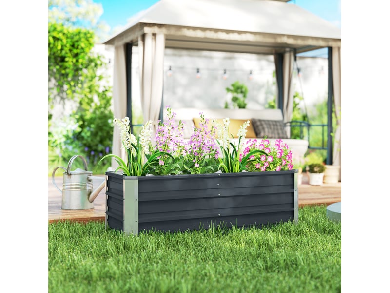  Jardinière surélevée de jardin en acier 125x47x40 cm – gris anthracite – fond ouvert, gants inclus  - Conforama B