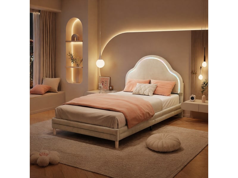  Modenvie lit enfant 90x200 cm - tête de lit nuage, led multicolore, sans matelas - beige  - Conforama B