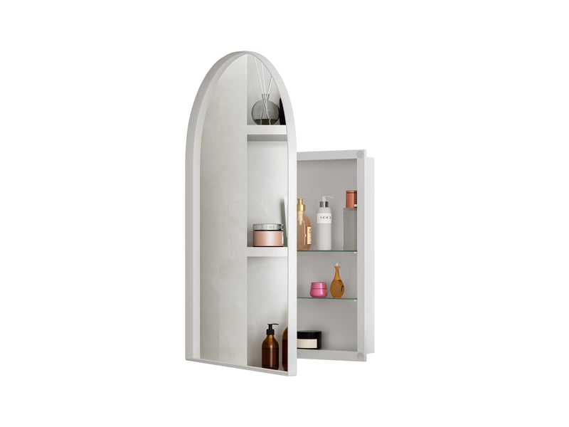 Armoire miroir murale arquée blanche, cadre métal, étagères réglables, encastrable - Conforama E