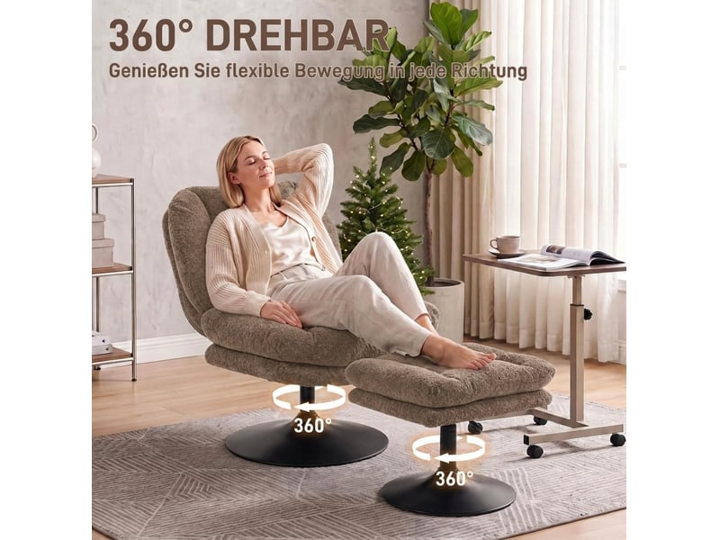 Fauteuil pivotant à 360 degrés avec repose-pieds réglable en hauteur et dossier incurvé, en velours polyester marron  - Conforama D