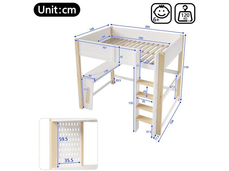  Lit mezzanine, 140 x 200 cm, en pin, avec table, panneau perforé et éclairage led, sans matelas, coloris naturel et blanc.  - Conforama C