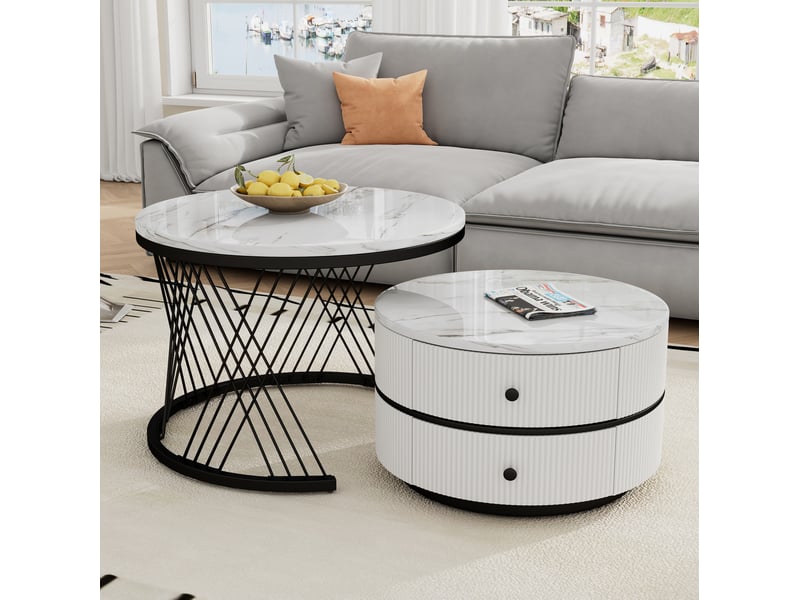  Lot de 2 tables basses gigognes rondes blanches avec 2 tiroirs, 60 x 60 x 46 cm et 50 x 50 x 31 cm  - Conforama D