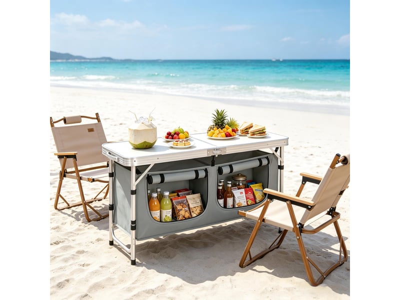 Table de pique-nique pliante, pieds réglables, table camping extérieure avec sac de rangement suspendu - Conforama D