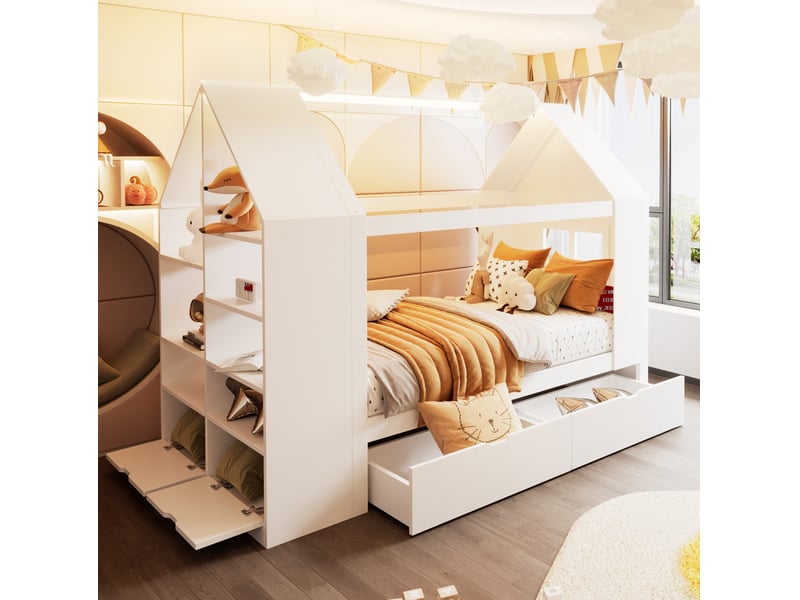 Lit enfant cabane 90x200 cm avec led et rangements bois et mdf blanc sans matelas  - Conforama D