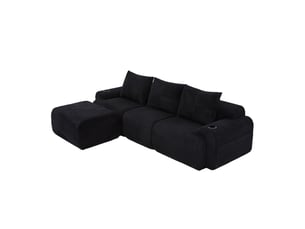 Canapé modulable 3 places en velours côtelé noir avec pouf, porte-gobelet et poche latérale