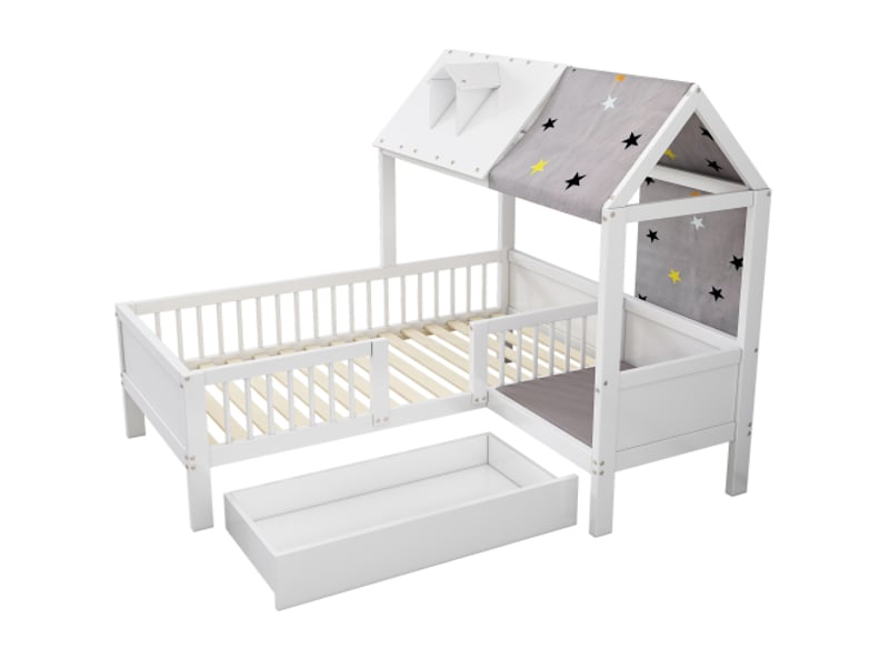  Lit enfant 90x200 cm, lit simple avec toile de tente et oreiller et tiroirs en dessous, en bois, blanc, sans matelas  - Conforama E