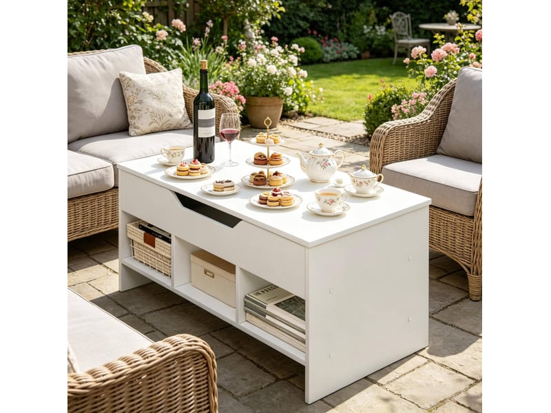  Table basse relevable avec plateau pliant, grand compartiment et 3 niches ouvertes pour salon, blanc, 96 × 45 × 51 cm  - Conforama B