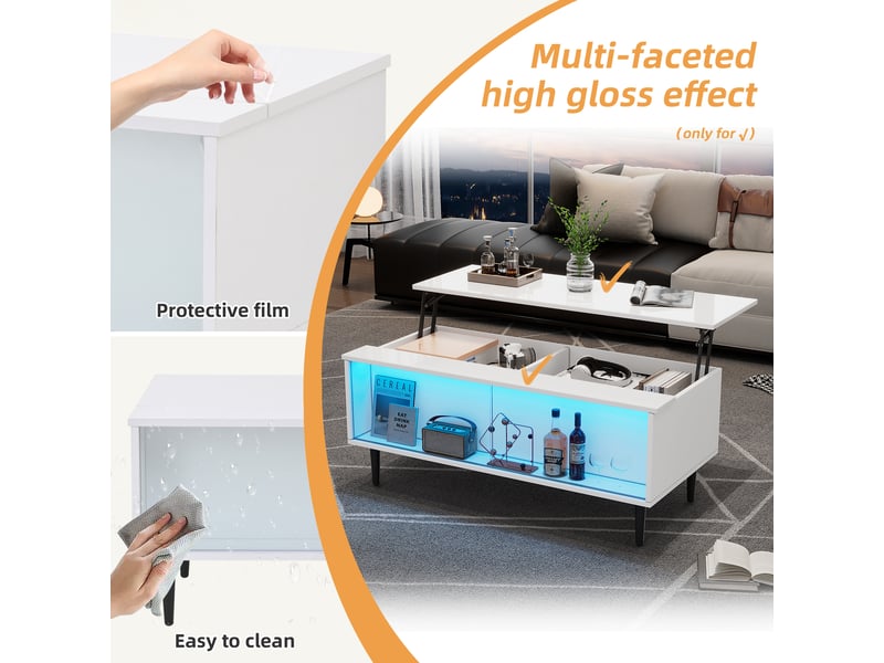  Table basse relevable 105x50 cm avec rangement caché, lumières led et portes en verre trempé, blanche brillante  - Conforama W