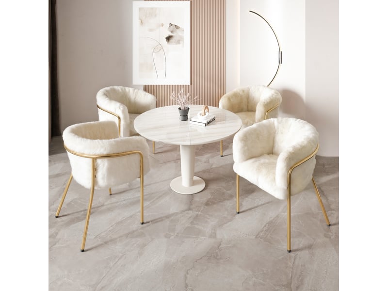  Chaise de salle à manger lot de 2 avec accoudoirs et dossier, pieds métalliques en imitation fourrure de lapin blanche  - Conforama D