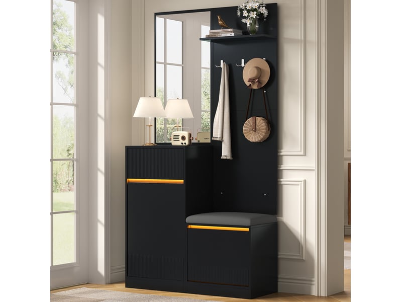  Meubles d'entrée avec miroir, meuble à chaussures, banc, patères et éclairage led, noir, 105 × 38 × 190 cm  - Conforama B
