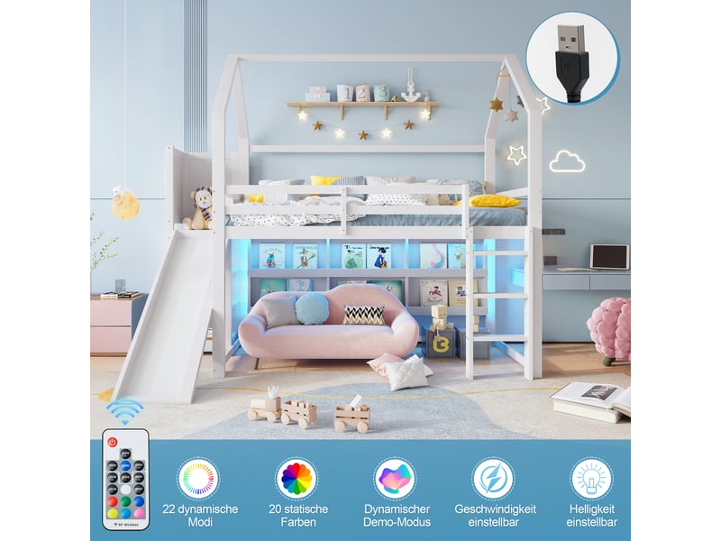  Lit mezzanine enfant 90x200 cabane avec toboggan, étagères et éclairage led, blanc  - Conforama W