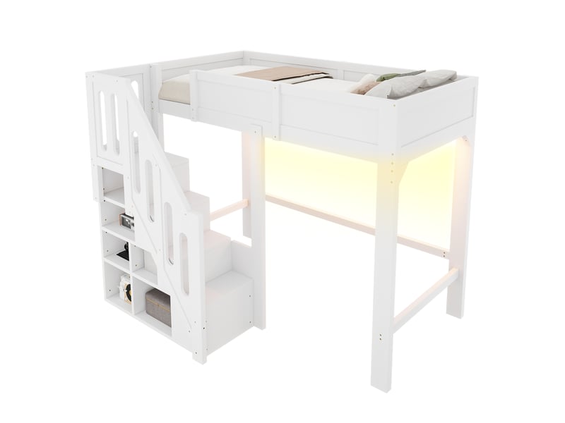  Lit mezzanine enfant 90x200 cm en bois avec escalier de rangement et éclairage led, avec escalier multifonction, pour chambre d’enfant - blanc  - Conforama A