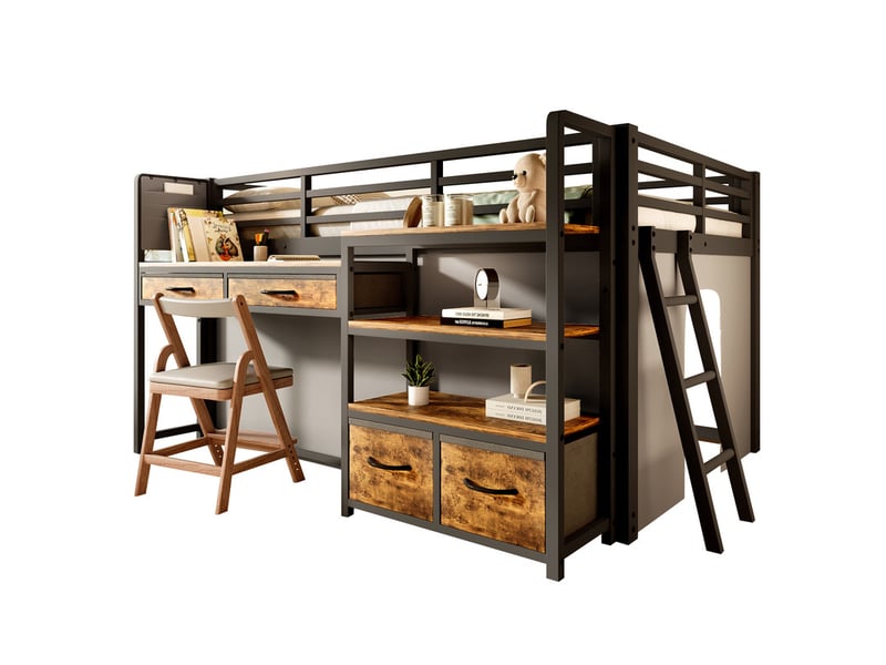 Lit mezzanine métal 140x200 cm - avec bureau et 4 tiroirs - étagères et éclairage led - barrières de sécurité - noir(sans matelas) - Conforama A