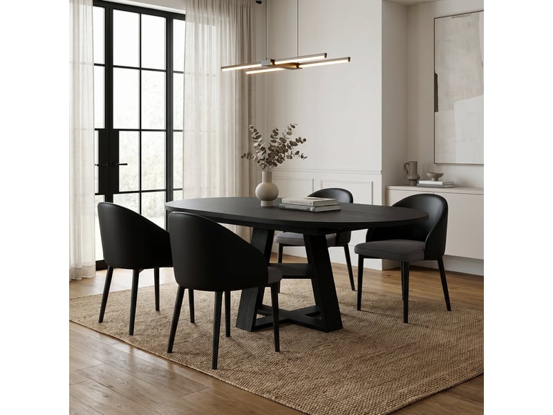 Ensemble table et 4 chaises de salle à manger – table ronde extensible 110/150x110 cm – chaises ergonomiques simili cuir noir, assise maille grise respirante - Conforama R