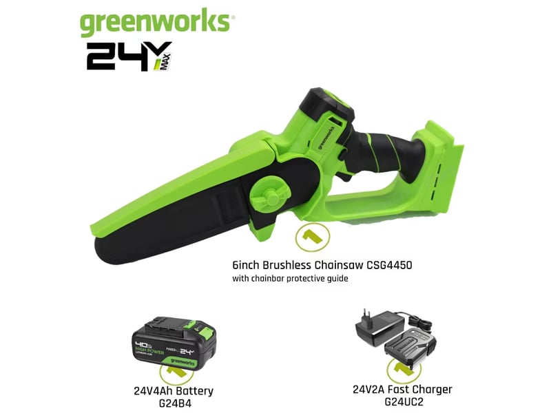  Greenworks mini tronçonneuse 24 v 6 moteur sans brosse petite scie à main sans fil avec batterie 4,0 ah et chargeur outil-bas de tension  - Conforama A