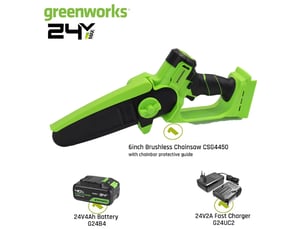 Greenworks mini tronçonneuse 24 v 6 moteur sans brosse petite scie à main sans fil avec batterie 4,0 ah et chargeur outil-bas de tension