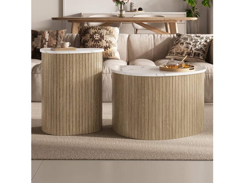  Ensemble de 2 tables basses courbes 60x37x38 et 40x25x50 cm, plateau effet marbre, pour salon, mdf, naturel et blanc  - Conforama E