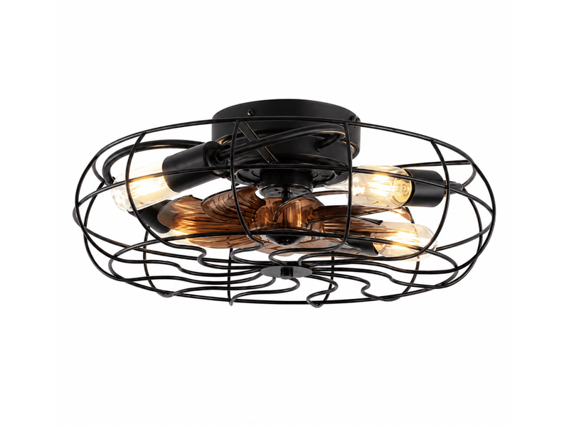  Ventilateur de plafond cage avec lumière 19 pouces, 6 vitesses, moteur réversible, télécommande, en métal noir et noyer  - Conforama A
