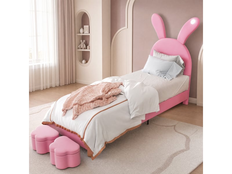 Lit simple enfant 200×90 cm avec 2 bancs de rangement, éclairage led et oreilles de lapin rabattables, en velours rose - Conforama B