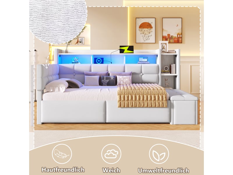 Canapé-lit 90x190 cm avec deux tiroirs, lit simple avec bande lumineuse led et port usb, blanc, lit simple en velours - Conforama R