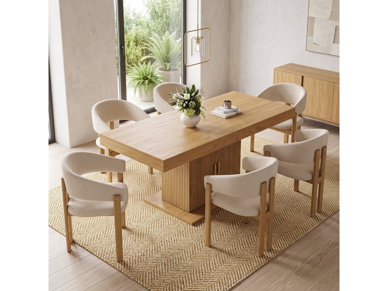  Ensemble table à manger extensible 140-180 cm + 6 chaises en tissu lin, rangement intégré, portes rainurées, étagères amovibles  - Conforama D