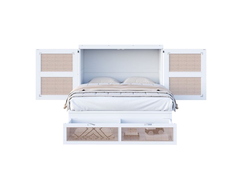 Lit coffre 140x200, gain d'espace lit double, rangement intégré, design rattan, bois massif - Conforama E