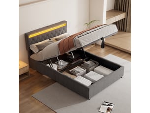 Lit électrique 140x200 cm gris avec rangements, éclairage d'ambiance et prises usb-c